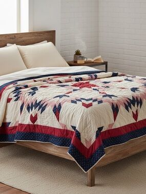 084 VTG HANDMADE QUILT 85.5” x 97.7” see photo for stains